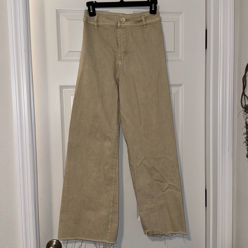 khaki boot-legged pants, denim material